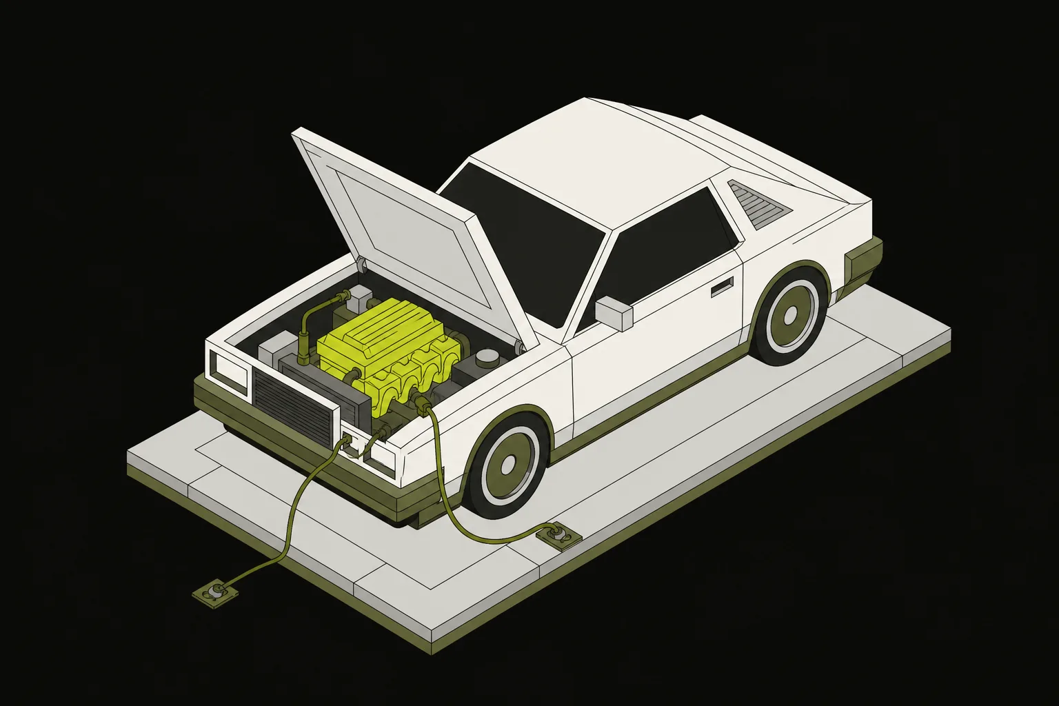 An isometric car with its hood open and software engine highlighted