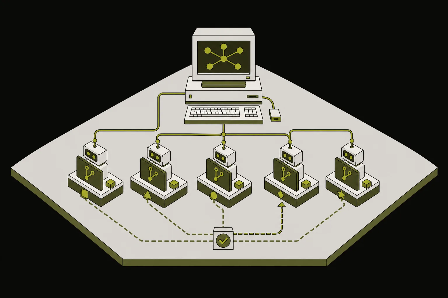 One orchestration workstation coordinating five coding-agent modules across separate worktree lanes