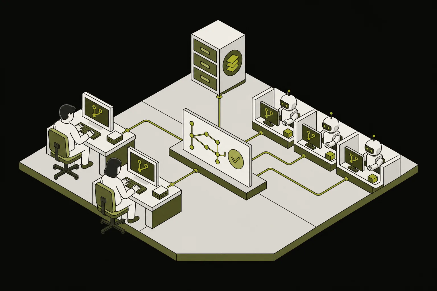 Human workstations and coding-agent modules connected through one shared board and durable archive